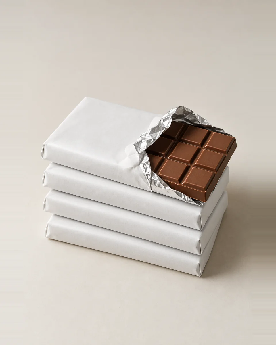 Chocolate bars in plain wrappers, one opened