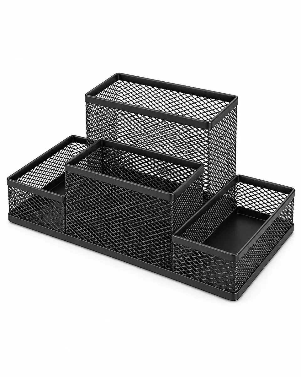 Desk Organiser – Wire-Mesh Compartments, shown with a sample logo