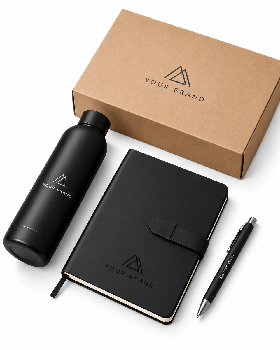 Classic black gift set with a sample logo on the bottle, notebook and kraft gift box, with a black pen