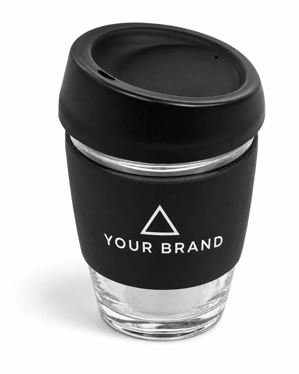 Glass Coffee Cup – Reusable Coffee Cup, shown with a sample logo