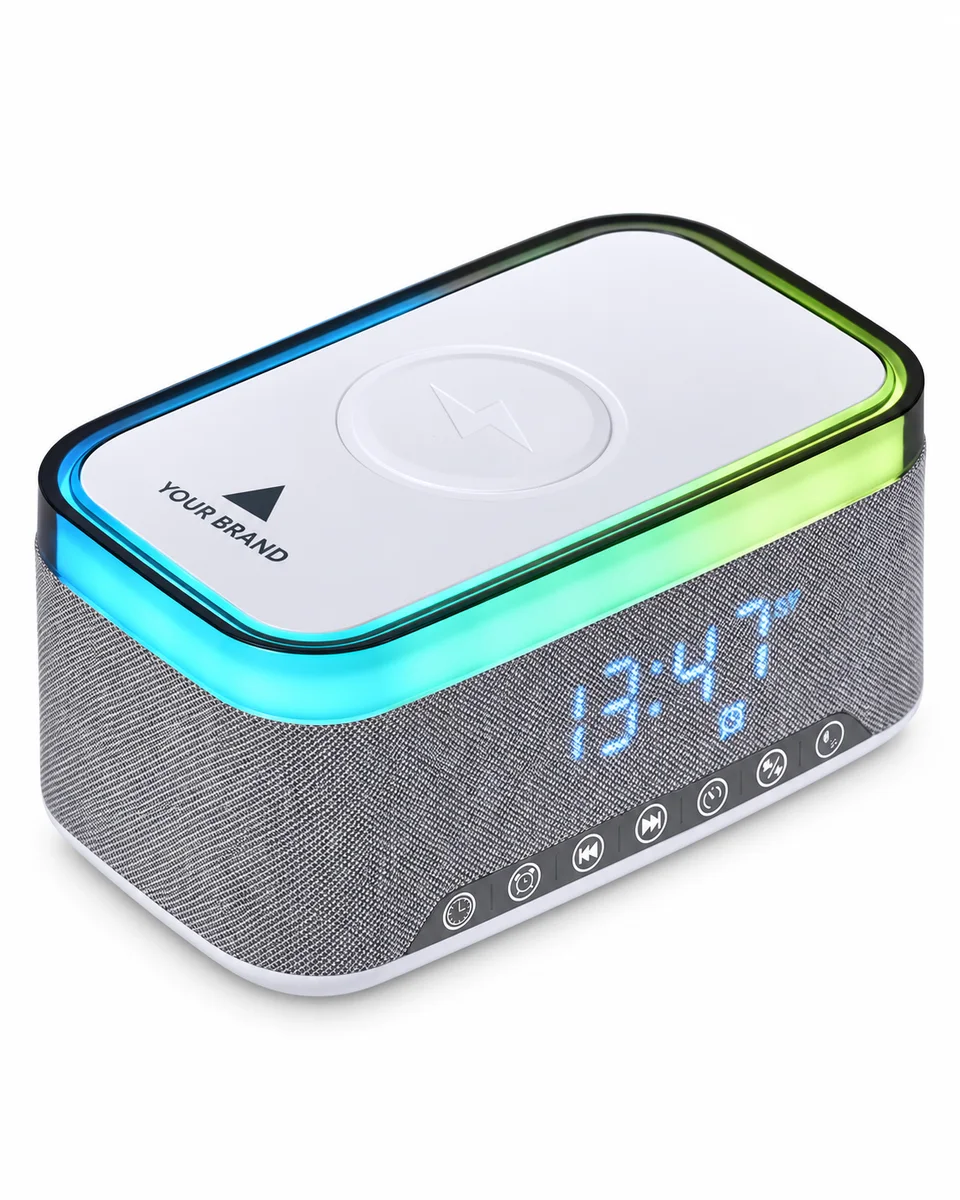 Multifunction Desk Charging Unit – Speaker, Clock & Wireless Charger, shown with a sample logo