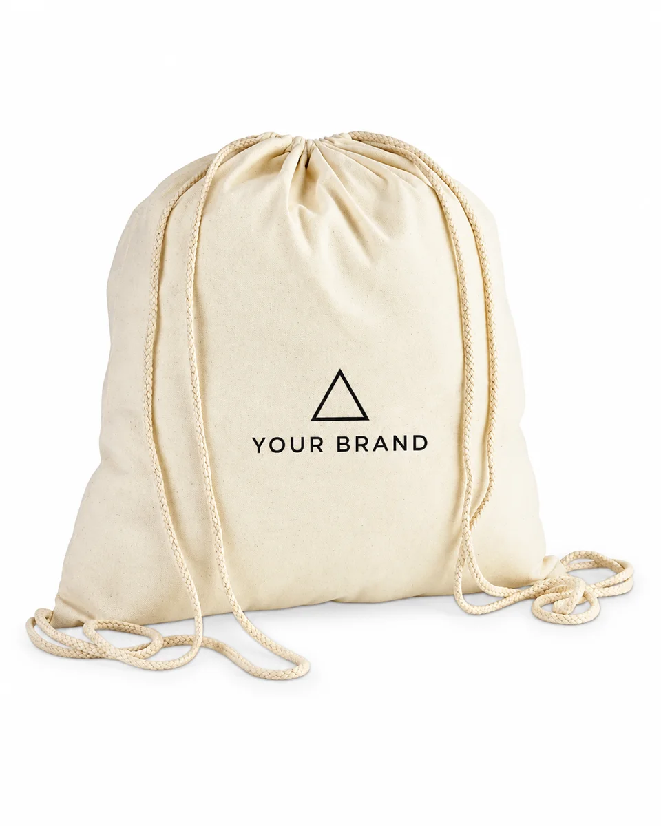 Drawstring Backpack – Natural Cotton, shown with a sample logo