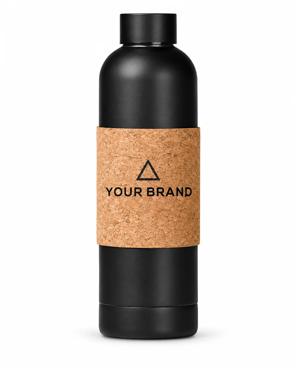 Natural & Recycled-Material Water Bottle – Recycled Steel & Cork, shown with a sample logo