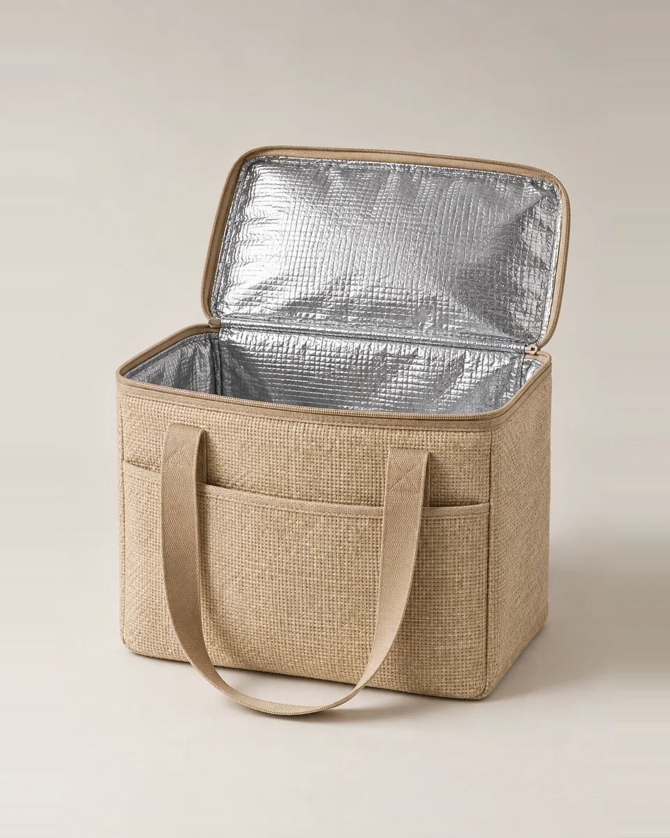 Open cooler bag with a silver insulated lining