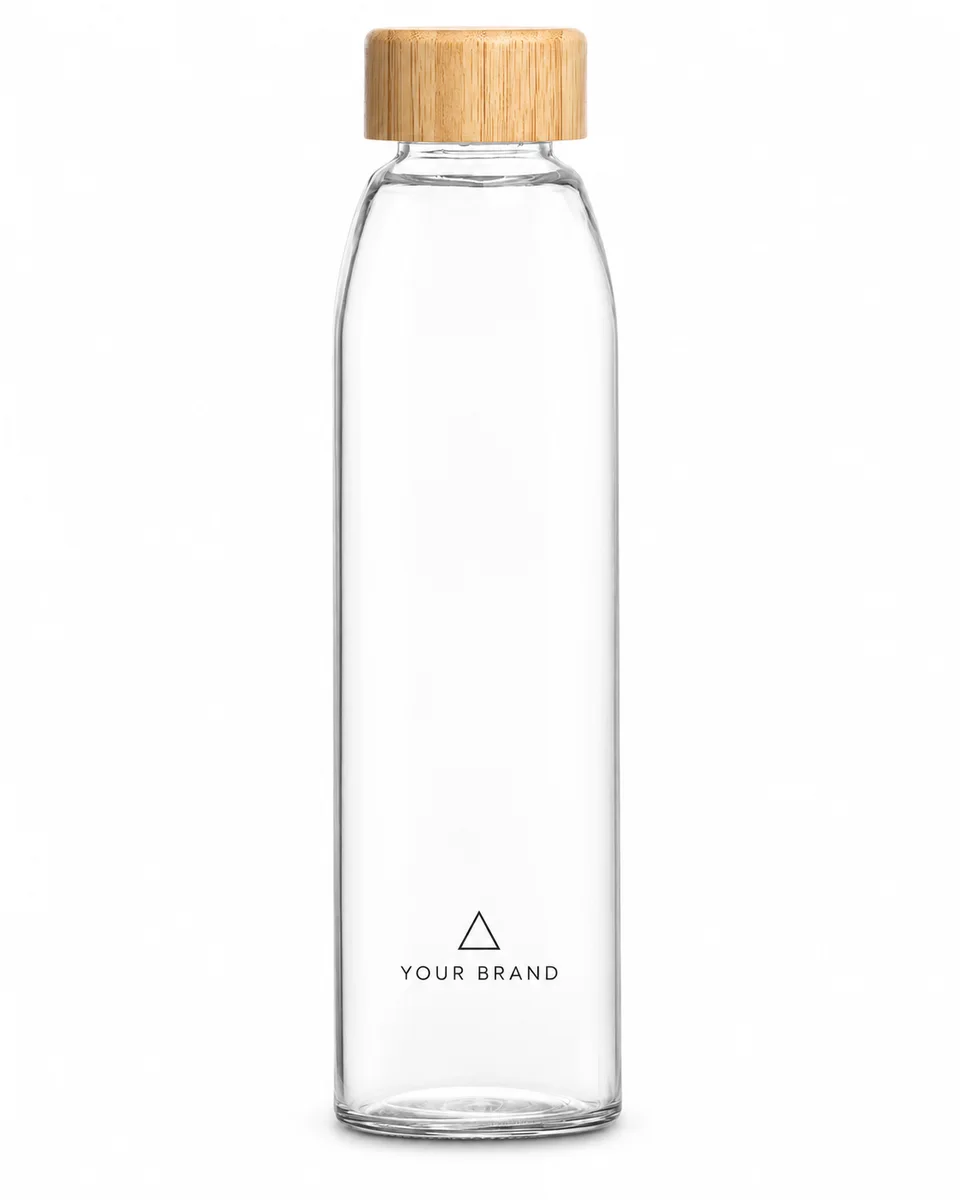 Natural & Recycled-Material Water Bottle – Glass & Bamboo, shown with a sample logo