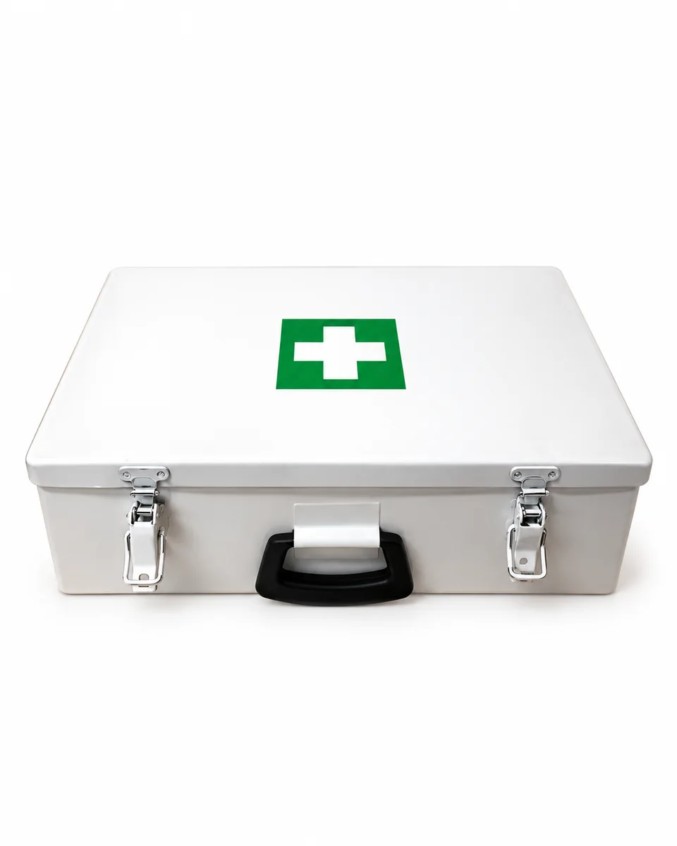 Workplace First Aid Kit – Complete Metal-Box Kit, shown with a sample logo