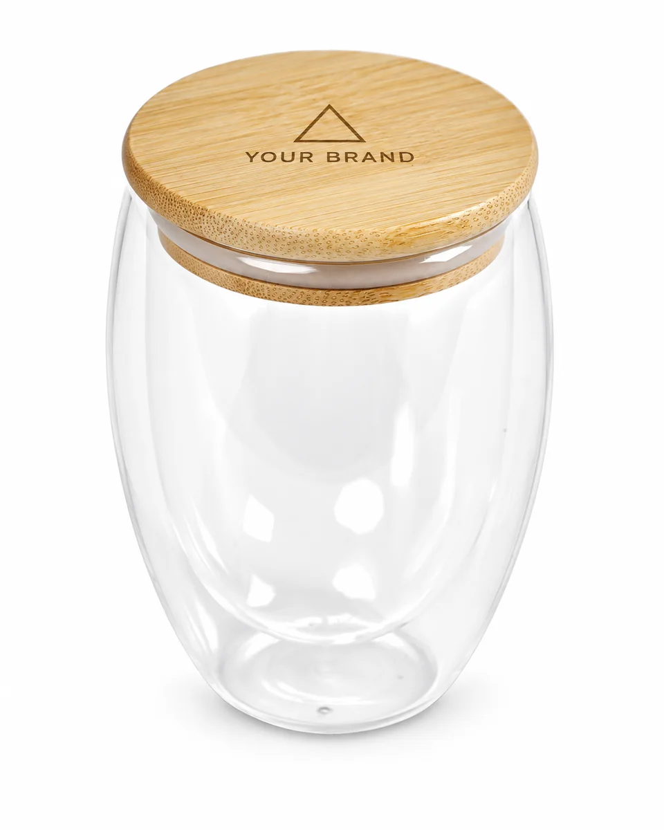 Glass Coffee Cup – Natural Detail, shown with a sample logo