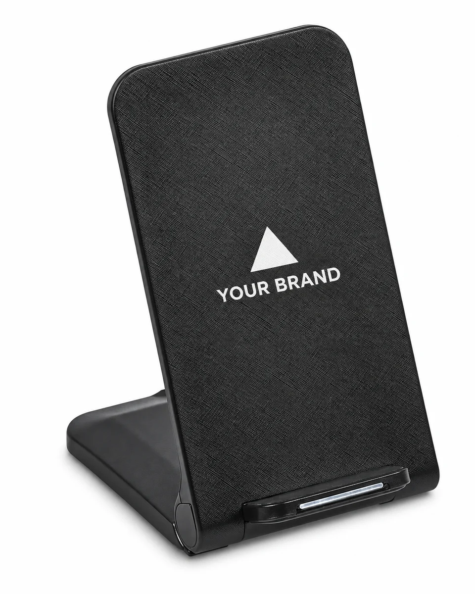 Wireless Phone Charger – Foldable Desk Stand, shown with a sample logo