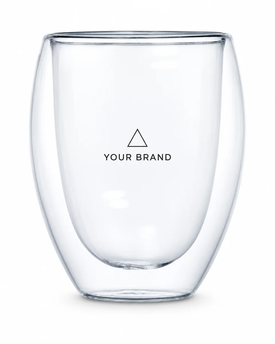 Glass Coffee Cup – Modern Double-Wall, shown with a sample logo
