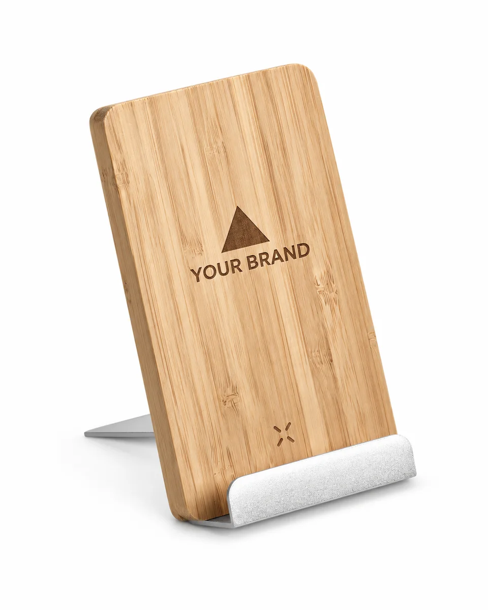 Wireless Phone Charger – Bamboo & Recycled Aluminium, shown with a sample logo