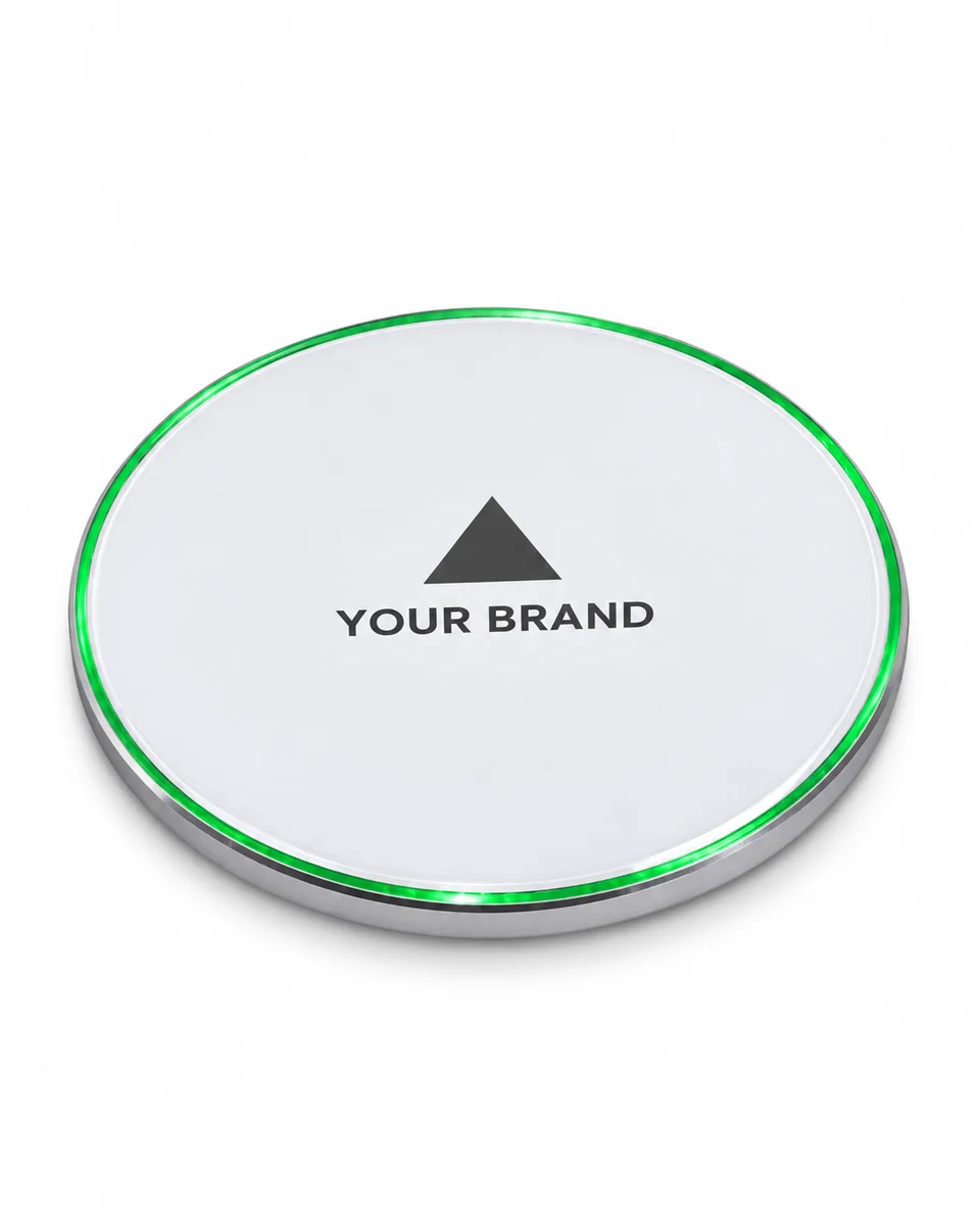 Wireless Phone Charger – Minimal Aluminium Pad, shown with a sample logo