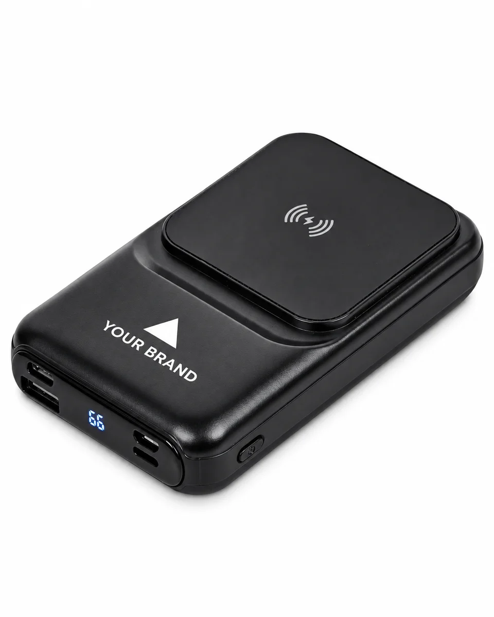 Magnetic Wireless Power Bank – Magnetic 10,000mAh with Built-in Cables, shown with a sample logo