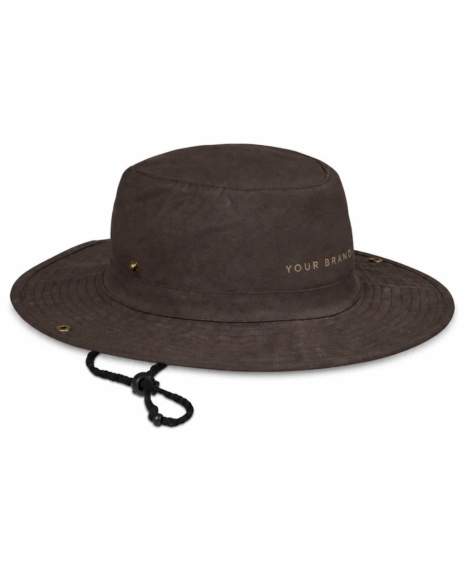 Wide-Brim Bush Hat – Heavy Oilskin Canvas, shown with a sample logo