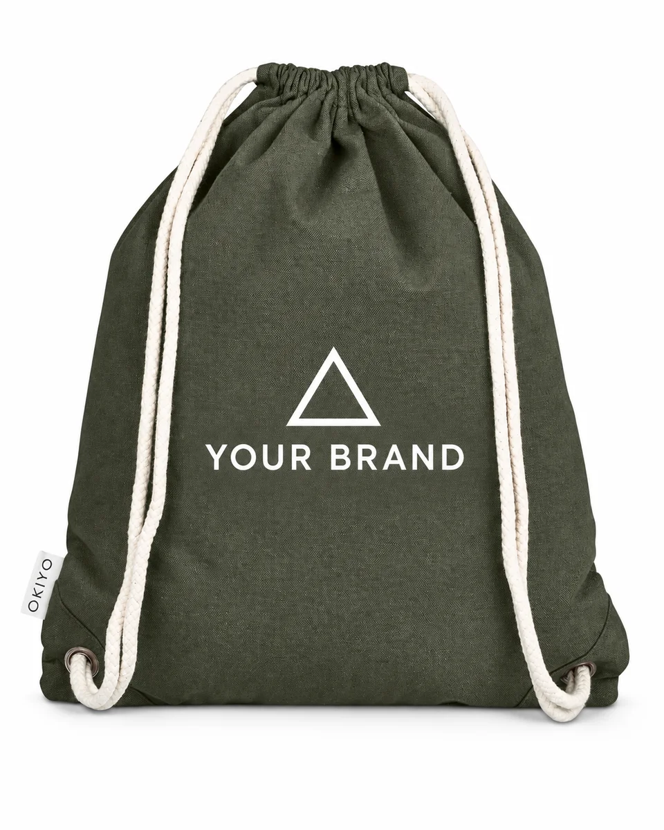 Drawstring Backpack – Premium Recycled, shown with a sample logo
