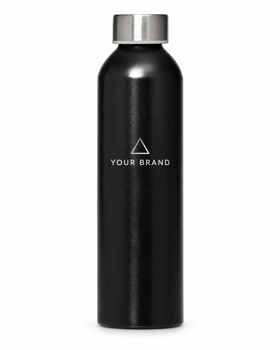 Natural & Recycled-Material Water Bottle – Recycled Aluminium, shown with a sample logo