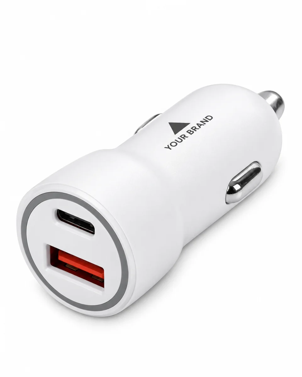 USB Wall & Car Charger – Vehicle 30W Car Charger, shown with a sample logo