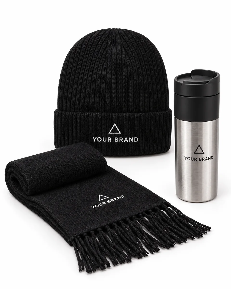Winter Warmth Gift Set – Warmth & Drinkware, shown with a sample logo