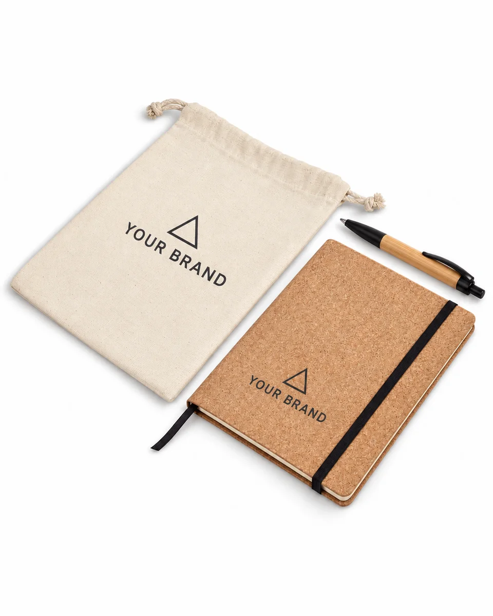 Notebook & Pen Gift Set – Eco / Natural, shown with a sample logo