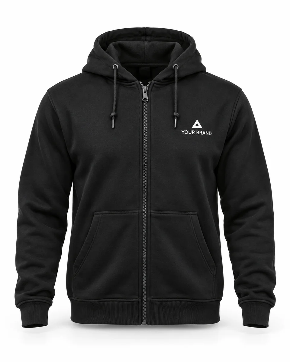 Hoodie – Full-Zip Brushed Fleece, Men, shown with a sample logo